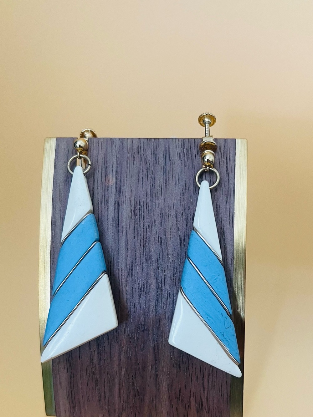 Vintage Napier Blue and White Geometric Triangle Drop Earrings